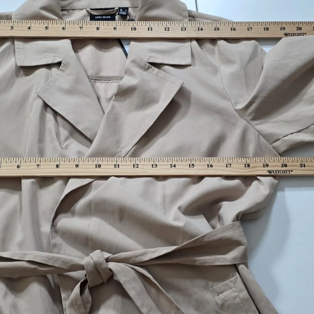 Vero Moda Wrap Coat Womens L Beige Belted Mid Length Pockets Lightweight Preppy